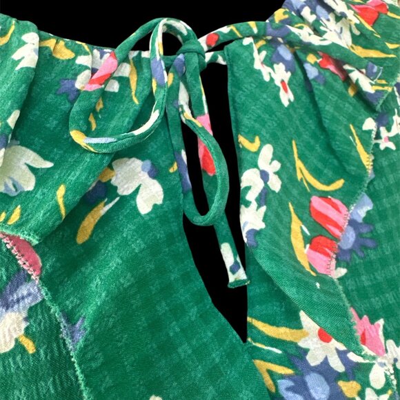 LOFT NWOT Medium Green Checked Floral Long Sleeve Ruffle Tie Blouse - Picture 4 of 5